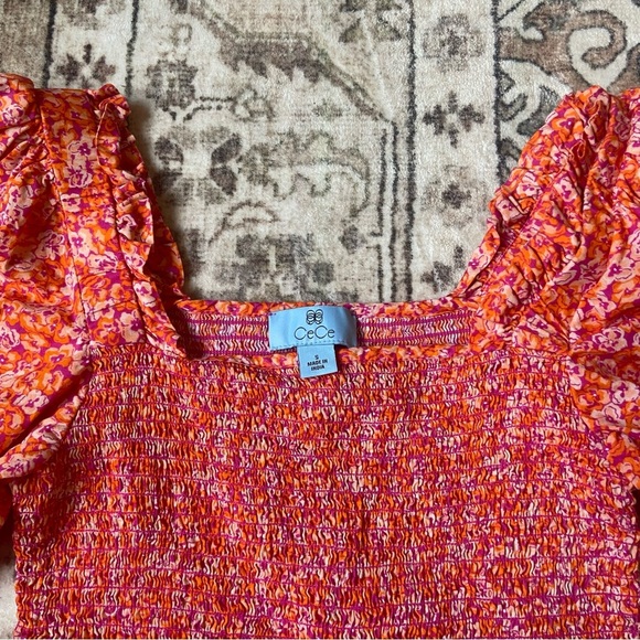 Cece Vibrant Orange Pink Floral Blouse Smocked Peplum Puff Sleeve Small - Picture 5 of 10
